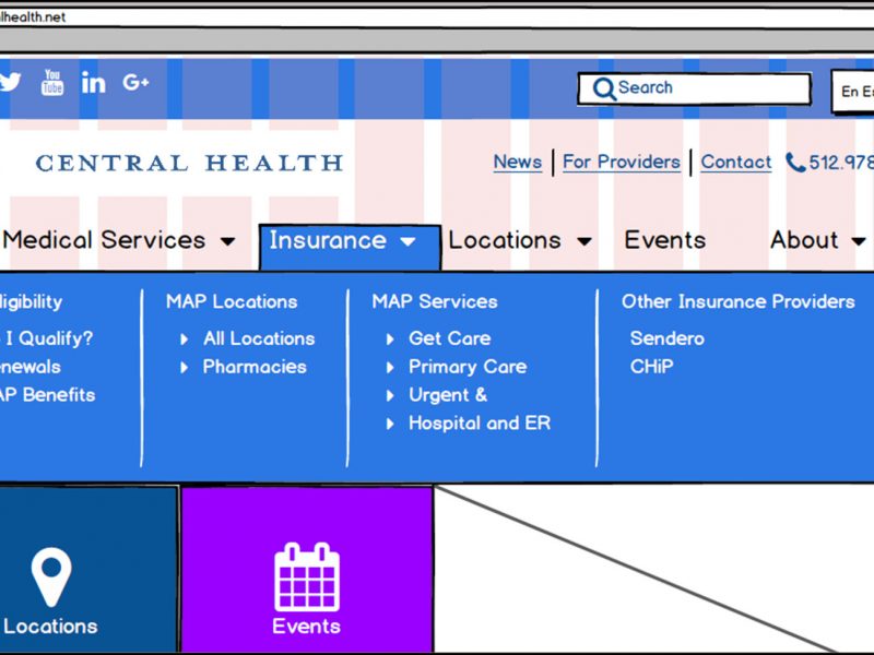 wireframe mockup of Central Health home