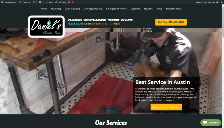screenshot of home page for Daniel's Plumbing with video