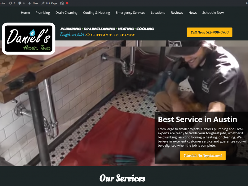 screenshot of home page for Daniel's Plumbing with video